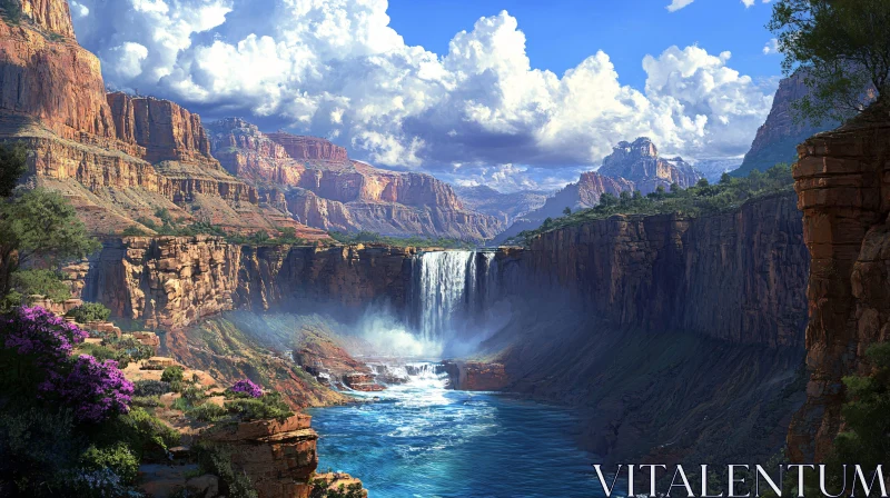 AI ART Serene Landscape with Waterfall and Cliffs