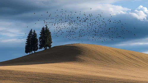 Serene Landscape with Flying Birds