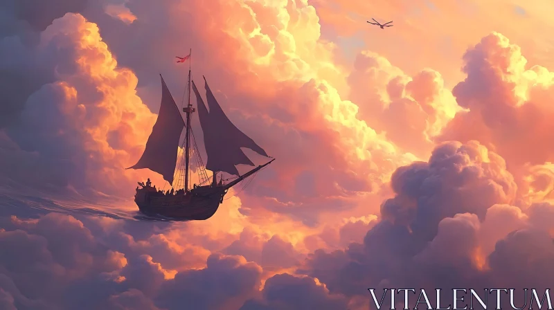 Floating Ship in Dreamy Sunset Clouds AI Image