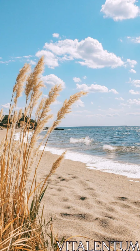 AI ART Tranquil Beach with Blue Sky and Waves