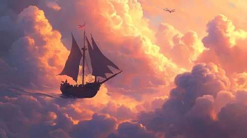 Floating Ship in Dreamy Sunset Clouds