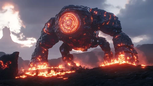 Lava-Encrusted Robot in a Volcanic Scene