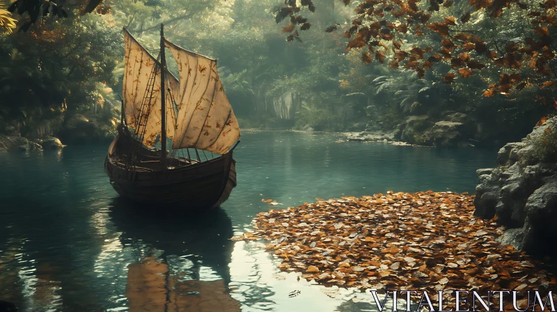 Peaceful Boat Ride through Autumn Leaves AI Image