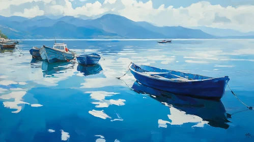 Blue Boats Floating on Serene Sea