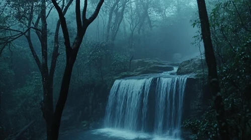 Tranquil Waterfall in a Misty Forest