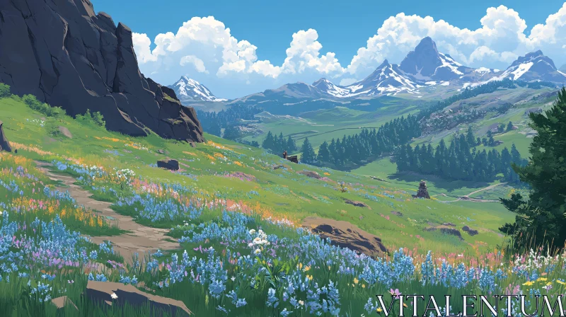 AI ART Scenic Meadow with Wildflowers and Mountains