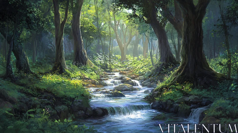 Peaceful Woodland with Sunlight and Creek AI Image