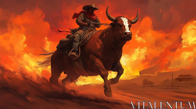 Western Cowboy on Bull Amidst Flames AI Image