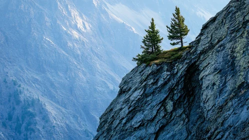 Evergreen Trees on Rocky Cliff