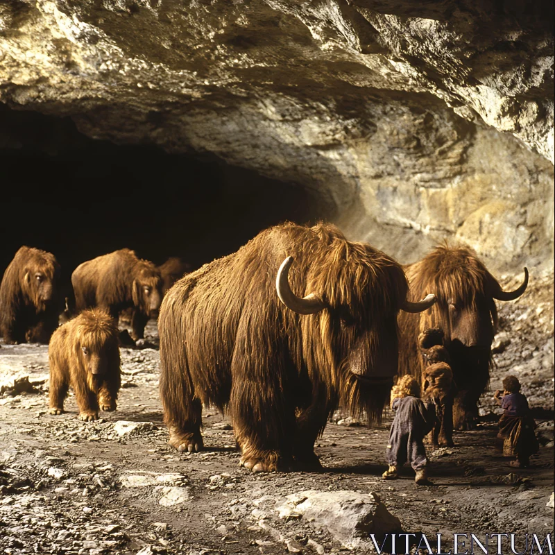 Woolly Mammoths and Children in Ancient Cave AI Image