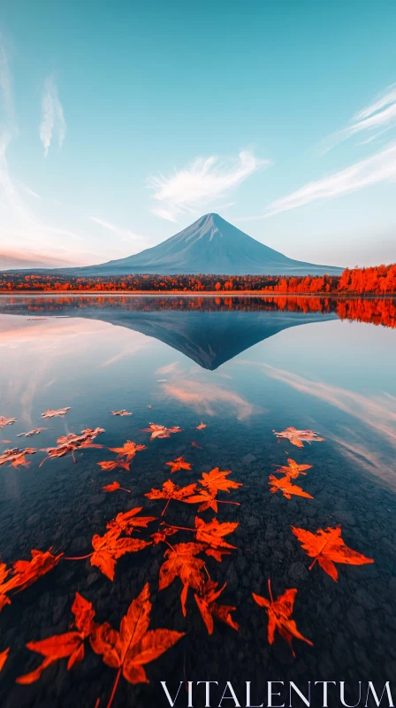 AI ART Autumn Leaves Float on Tranquil Lake Reflecting Grand Mountain