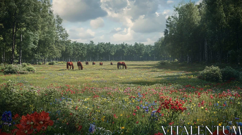 Peaceful Meadow Scene with Horses and Flowers AI Image