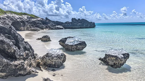 Crystal-Studded Rocks by a Tranquil Turquoise Sea