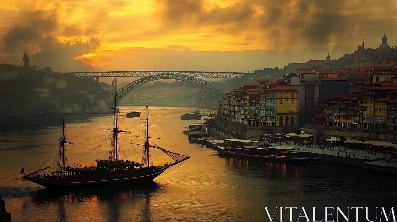 Sunset Sail on a Tranquil River with Cityscape and Bridge AI Image