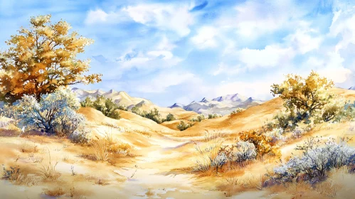 Golden Desert Scenery in Watercolor