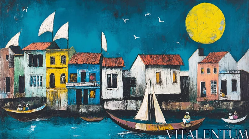 Coastal Harbor Painting with Sailboats and Moon AI Image