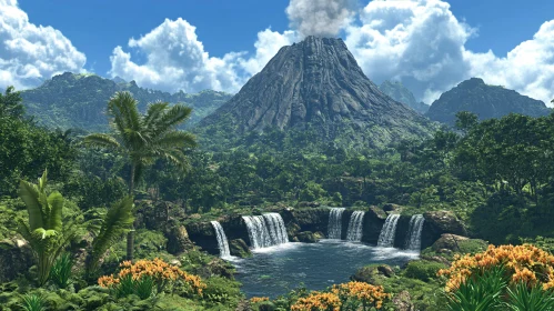 Lush Tropical Landscape with Waterfalls and Mountain