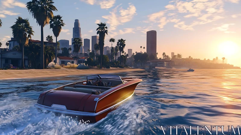 City Skyline and Speedboat at Sunset AI Image