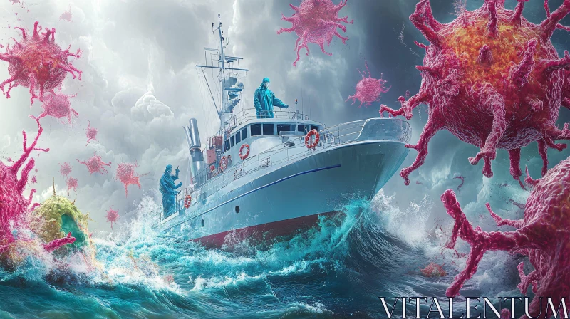 Fantasy Boat Battling Viruses in Storm AI Image