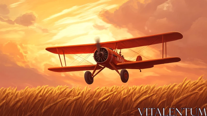 Red Biplane Above Wheat Fields at Golden Hour AI Image