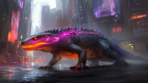 Cyberpunk Lizard in Futuristic City