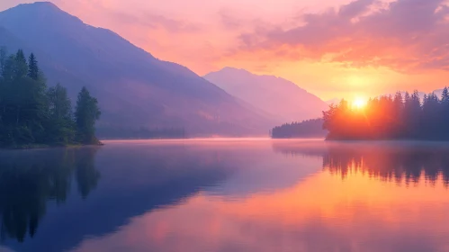 Peaceful Sunset Landscape with Reflections on Lake