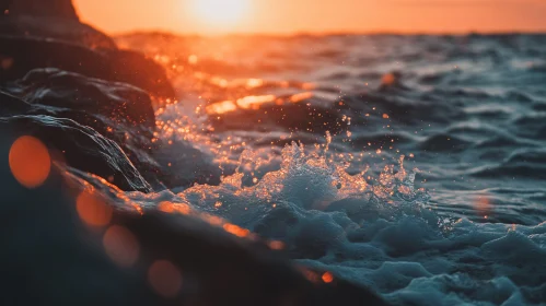 Golden Sunset over Rocky Coastline with Waves Crashing