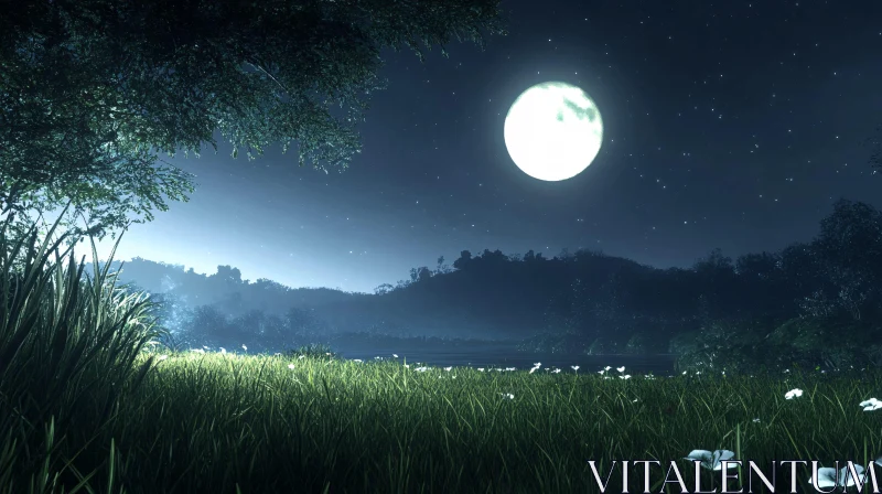 AI ART Peaceful Nocturnal Meadow Under Full Moon