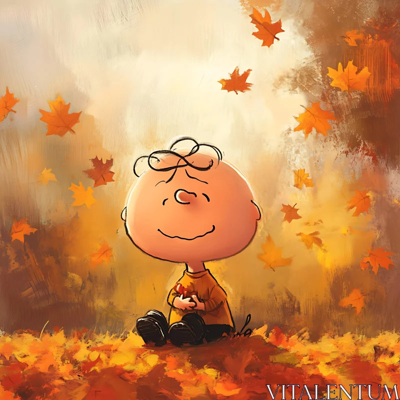 Happy Cartoon Character in Autumn Leaves AI Image