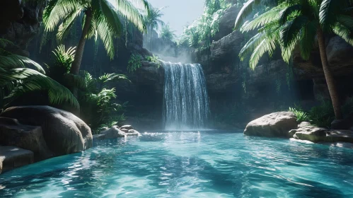 Serene Tropical Waterfall in Lush Green Paradise