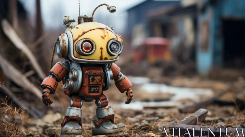 Charming Toy Robot Amidst Rustic Landscape AI Image