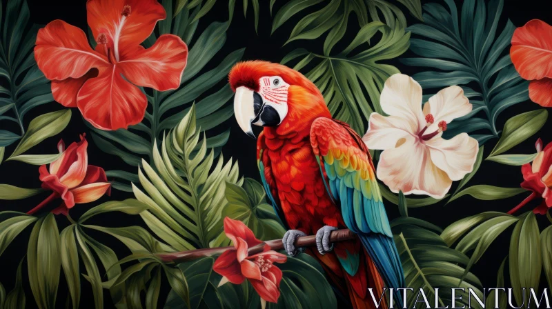 Crimson Parrot amidst Tropical Flowers - Precisionist Art Style AI Image