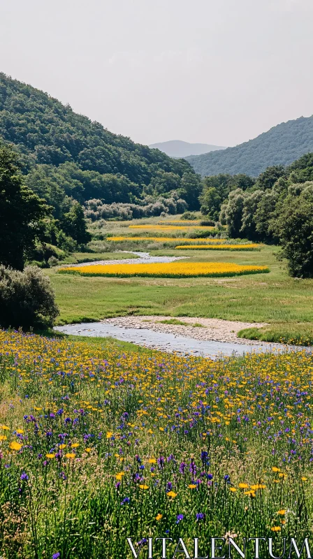 Tranquil Field with Summer Wildflowers and Hills AI Image