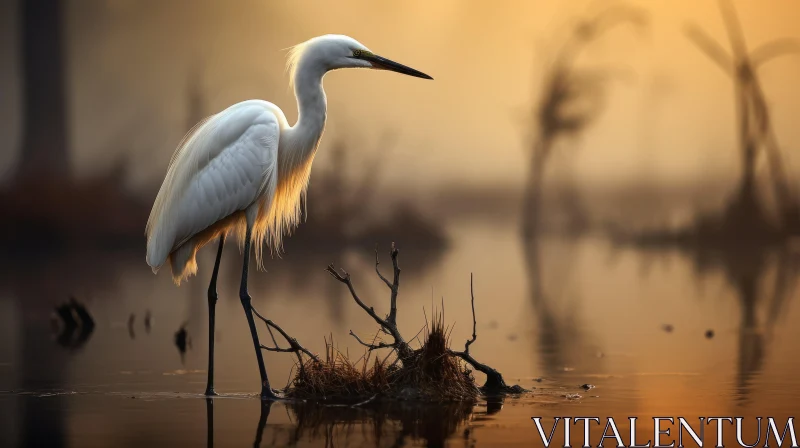 Ethereal Sunset Scene with White Egret in Swamp AI Image