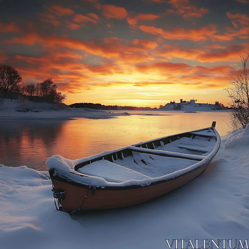 Winter Twilight by the River with a Snowy Boat AI Image