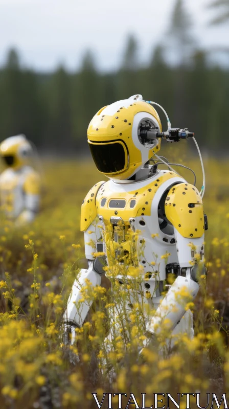 Robots Amidst Blooming Flowers: An Alien World Perspective AI Image
