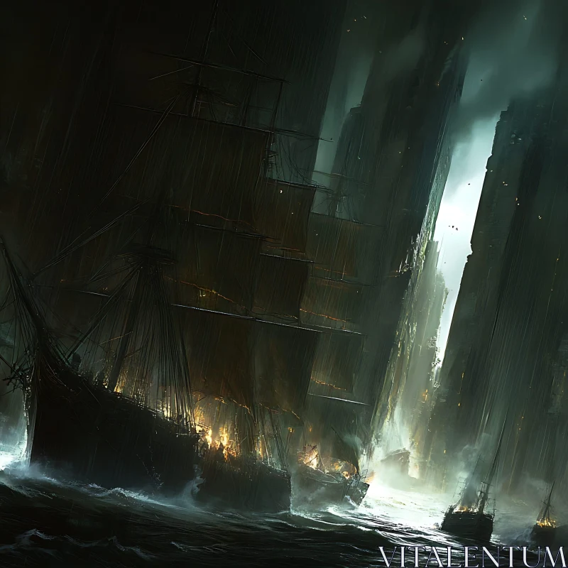 Mysterious Flames Engulf Ship Amidst Stormy Seas AI Image