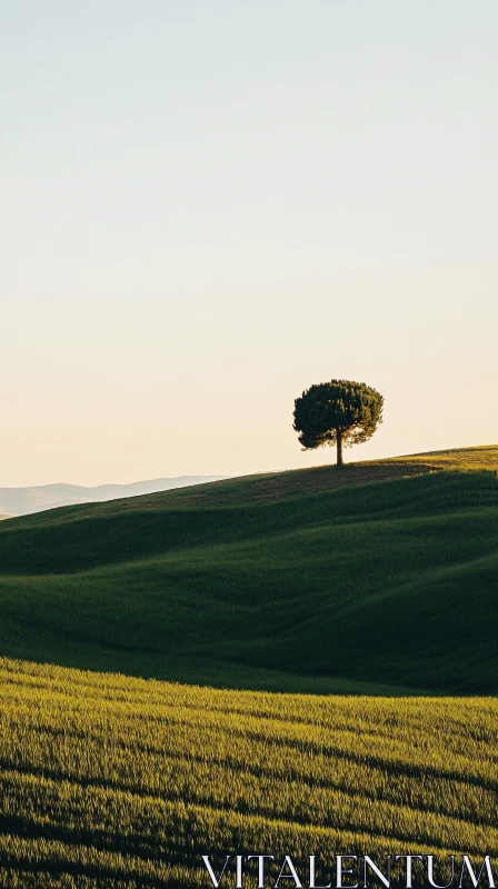 Isolated Tree on Green Hills Under Tranquil Sky AI Image