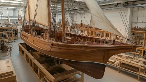 Detailed Wooden Model Ship Displayed in Workshop