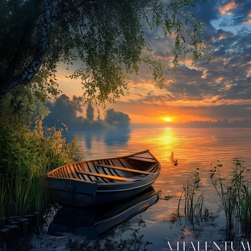 Tranquil Lakeside Sunset with Boat AI Image