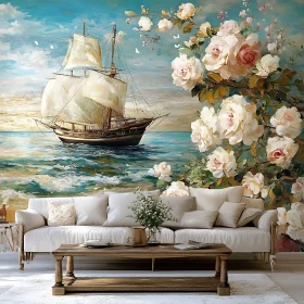 Artistic Ship and Roses Wall Mural