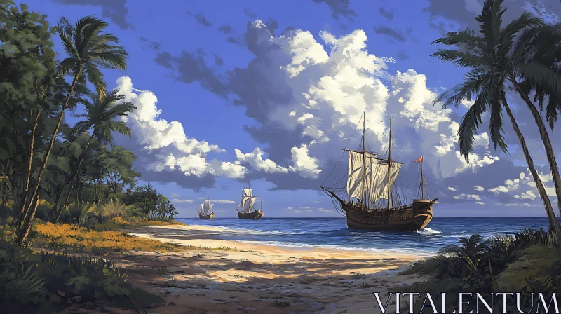 Tranquil Maritime Beach with Sailing Vessels AI Image