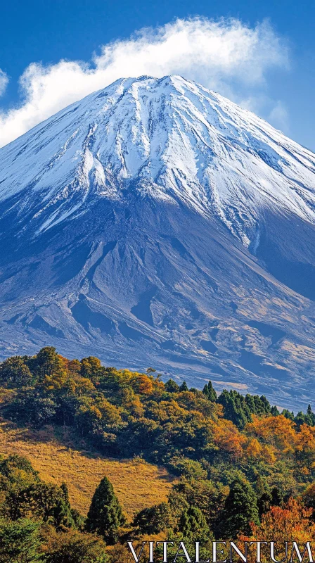 Snow-Covered Mountain and Autumn Forest Landscape AI Image