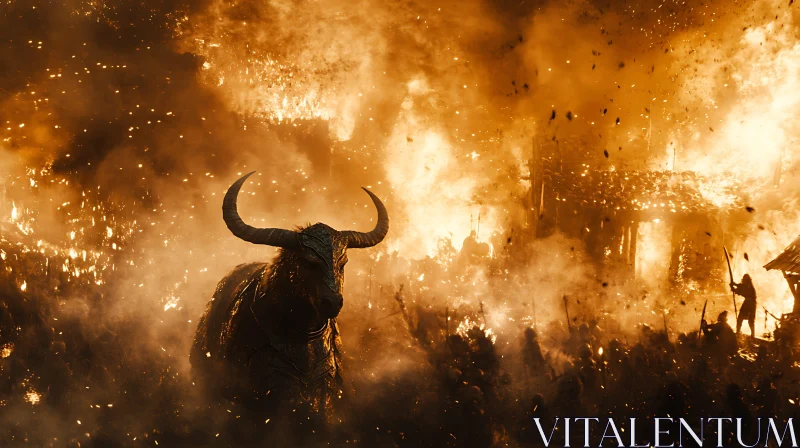 Blazing Bull in Chaotic Battlefield AI Image