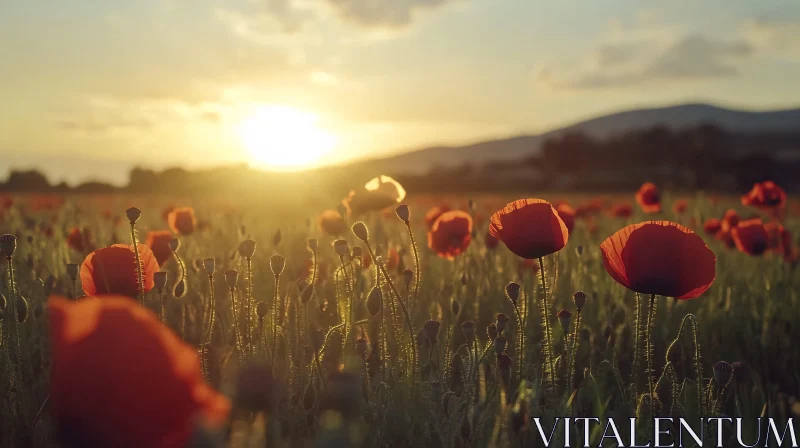 Golden Hour Over Poppy Field AI Image