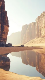 Desert Oasis with Reflective Water and Rocky Cliffs