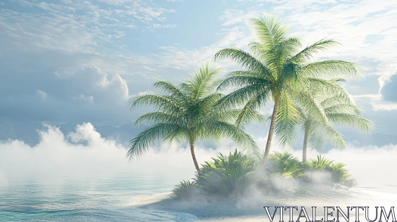 AI ART Misty Tropical Beach with Palm Trees