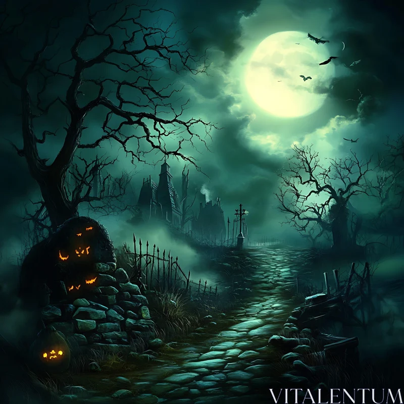 AI ART Spooky Cobblestone Path with Full Moon