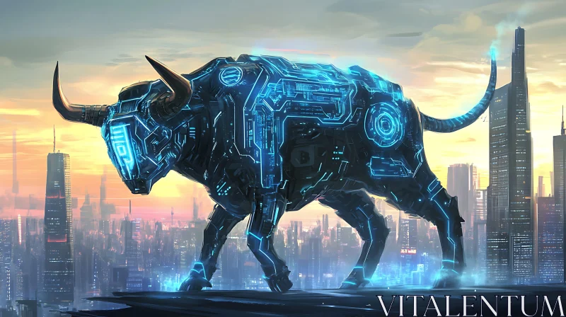 Technological Bull Overlooking Future City AI Image