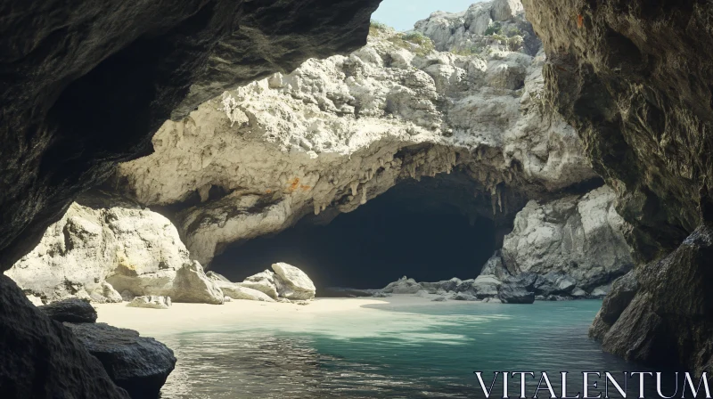 AI ART Hidden Beach Cave with Sunlit Water